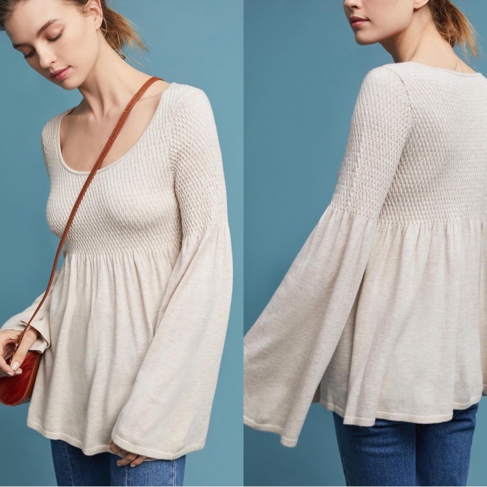 Anthropologie Knitted & Knotted Esme Bell Sleeve Babydoll Peplum Sweater Beige S